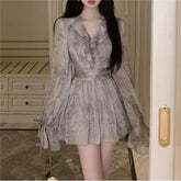 BXOXO Gentle Dresses Women Printed Ruffles V-neck Design High Waist Slim Long Sleeve A-line Mini Summer Elegant Cozy OF Korean Chic